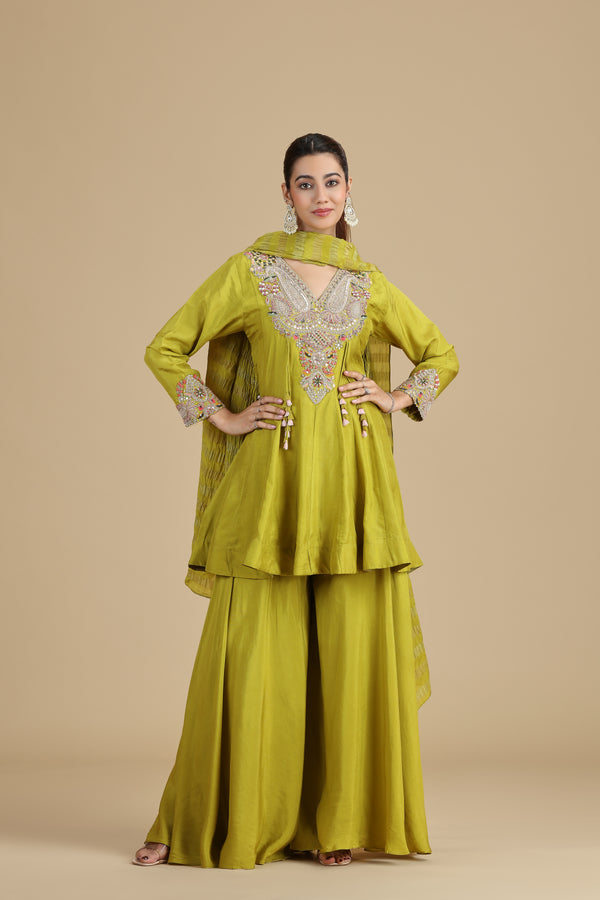 Florence Green Raw Silk Kurta Set with Gota Patti & Sequins