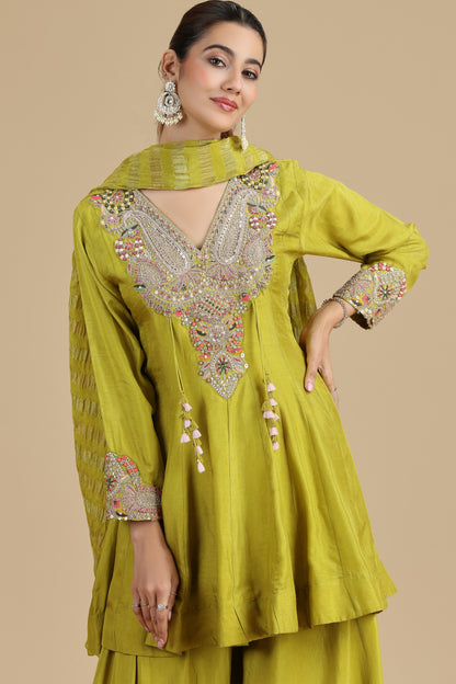 Florence Green Raw Silk Kurta Set with Gota Patti & Sequins