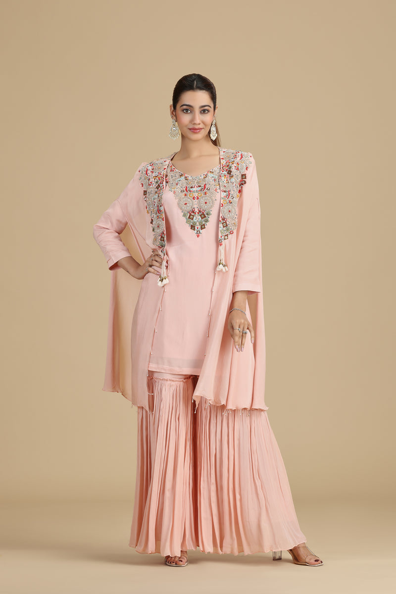 Pink Chinnon Kurta Set with Sequins & Thread Work