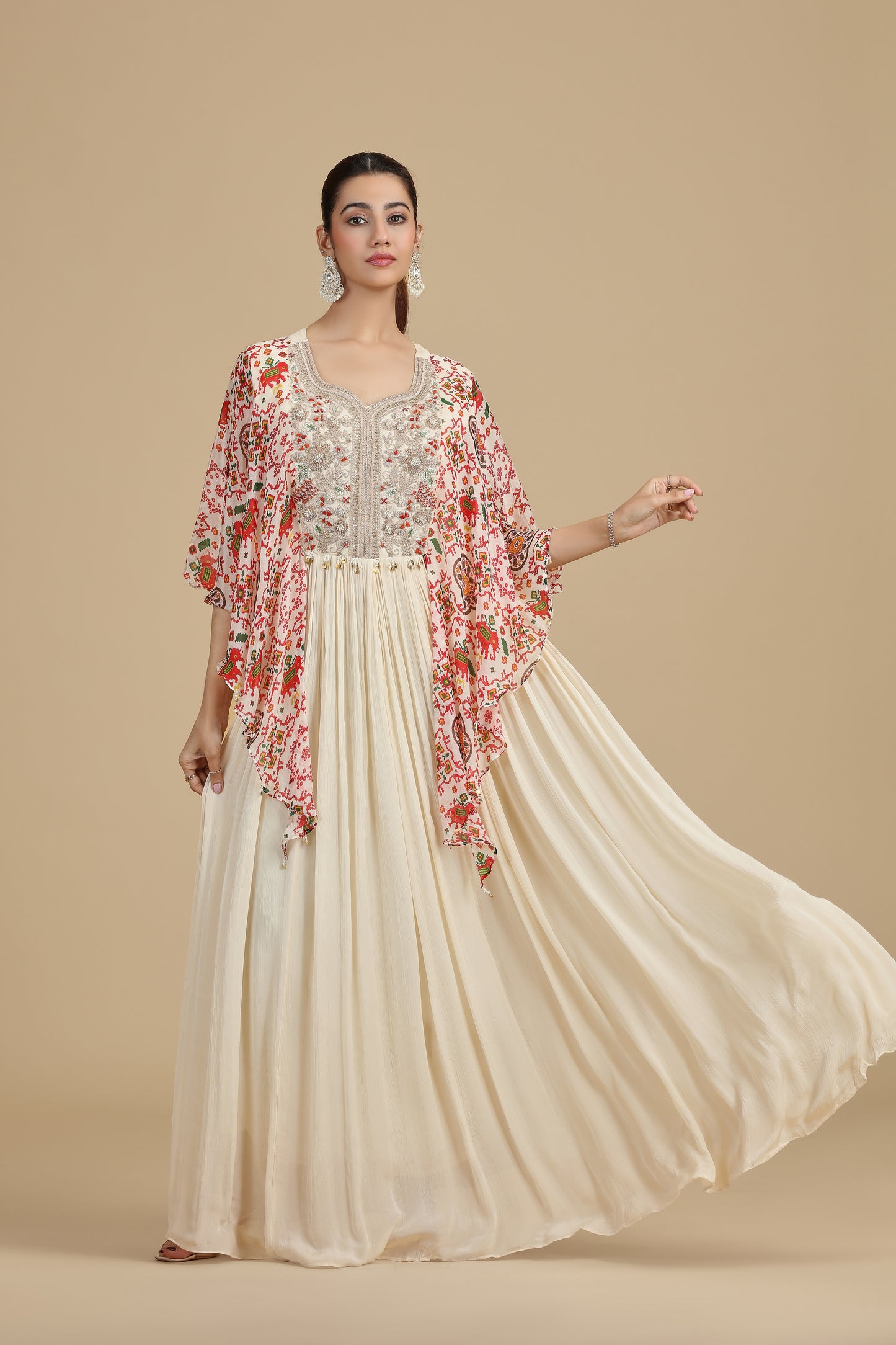 Beige Chinnon Kurta Set with Sequins & Zari