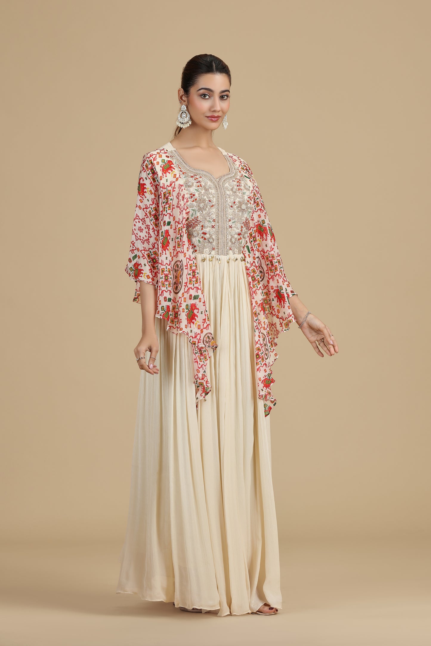 Beige Chinnon Kurta Set with Sequins & Zari