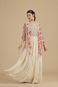 Beige Chinnon Kurta Set with Sequins & Zari