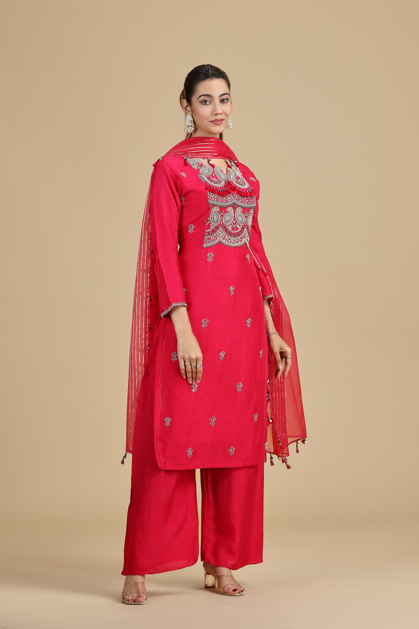 Pink Raw Silk Kurta Set with Sequins & Pearls