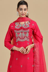 Pink Raw Silk Kurta Set with Sequins & Pearls