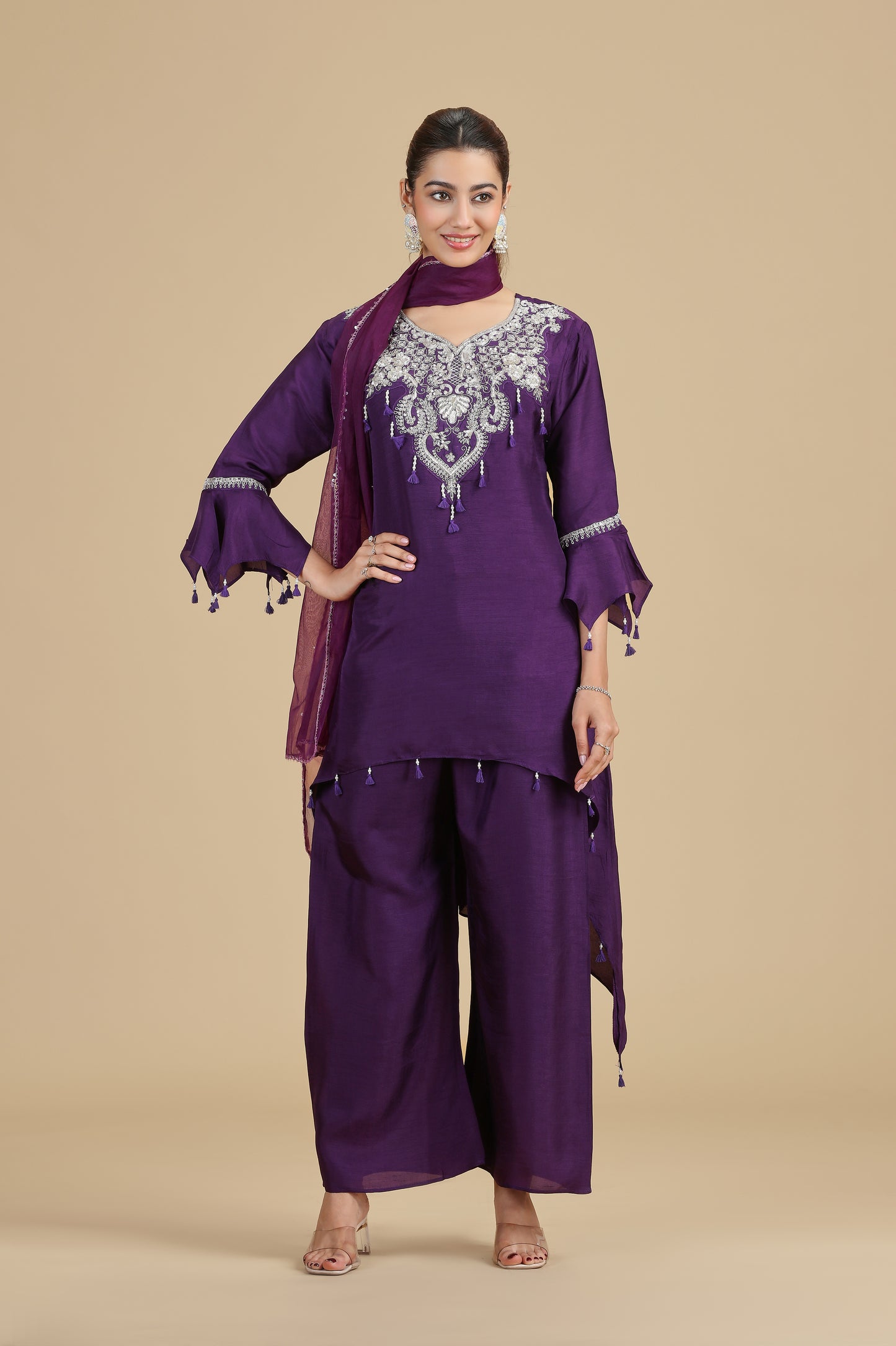 Purple Raw Silk Kurta Set with Sequins & Pearls