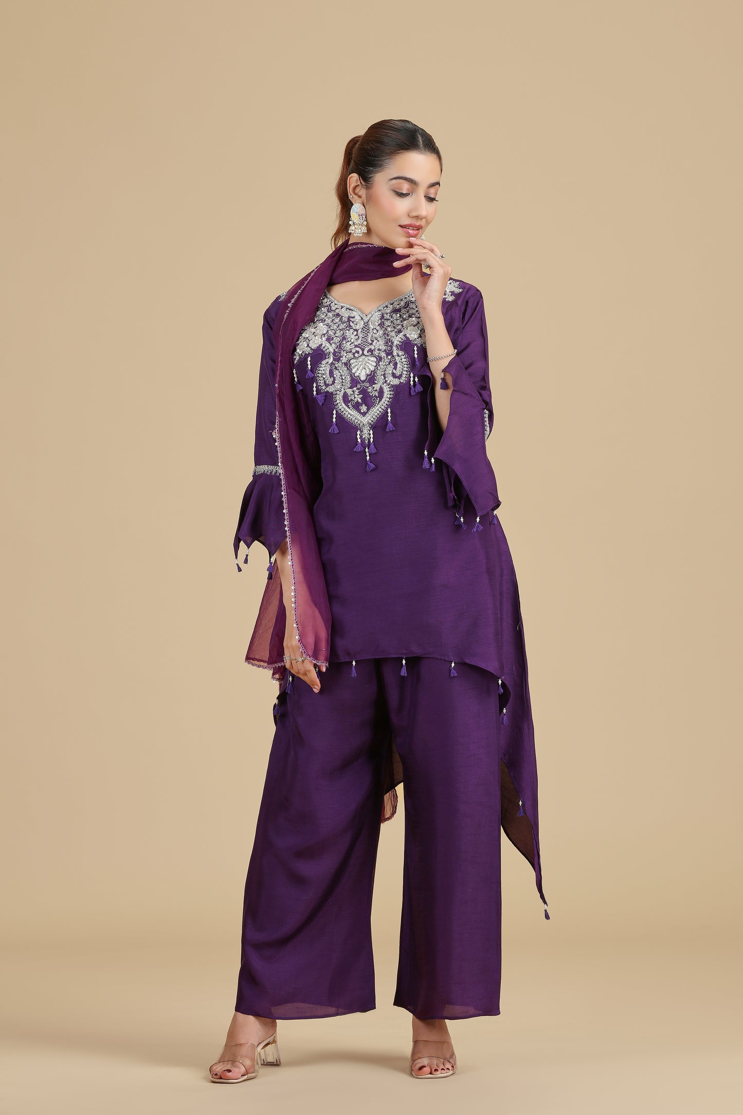 Purple Raw Silk Kurta Set with Sequins & Pearls