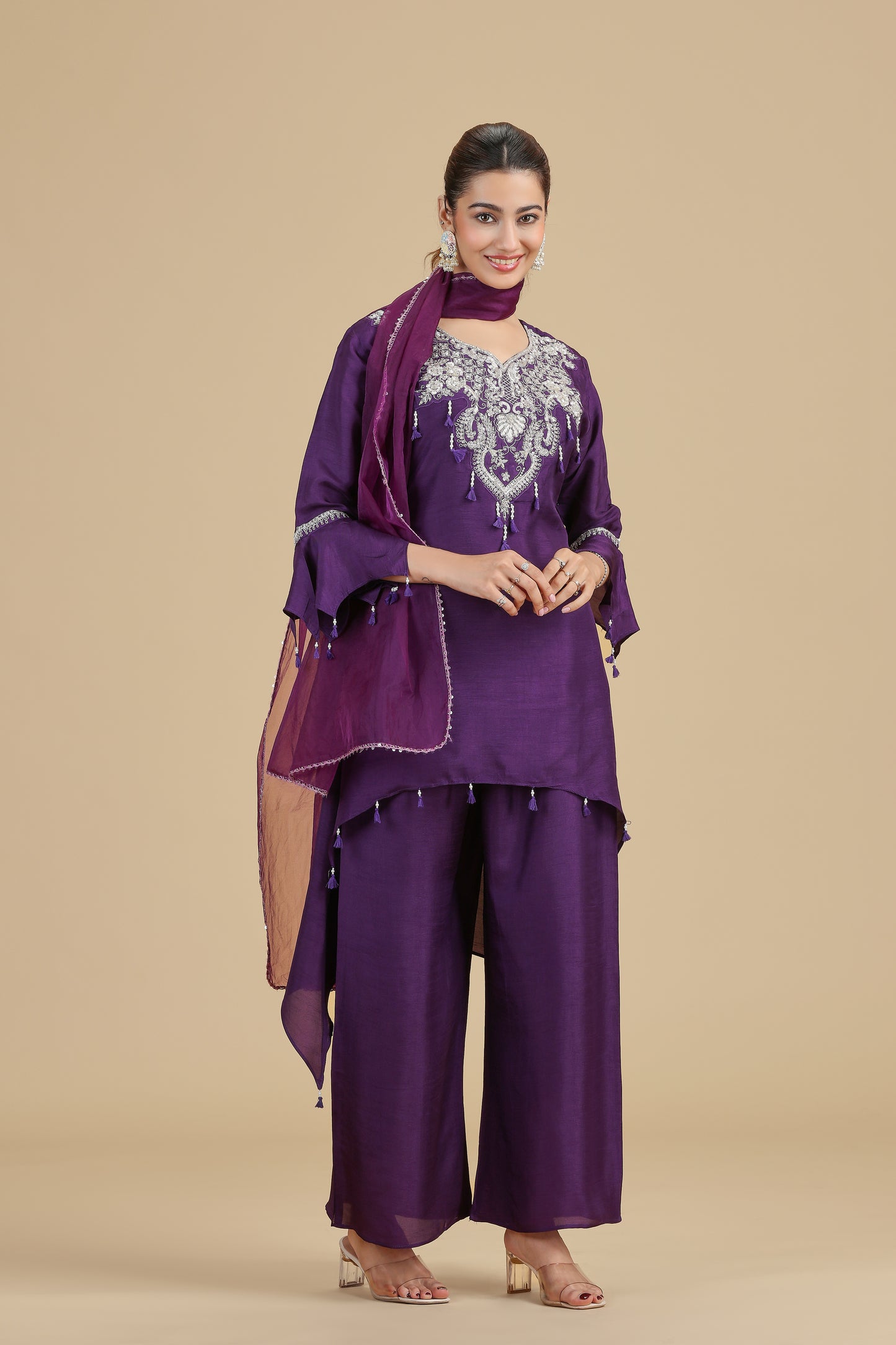 Purple Raw Silk Kurta Set with Sequins & Pearls