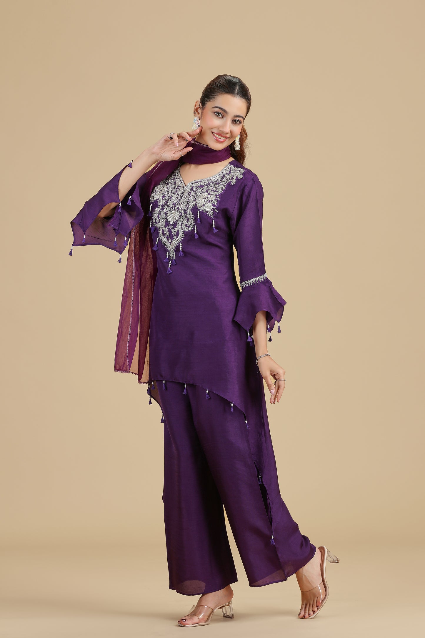 Purple Raw Silk Kurta Set with Sequins & Pearls
