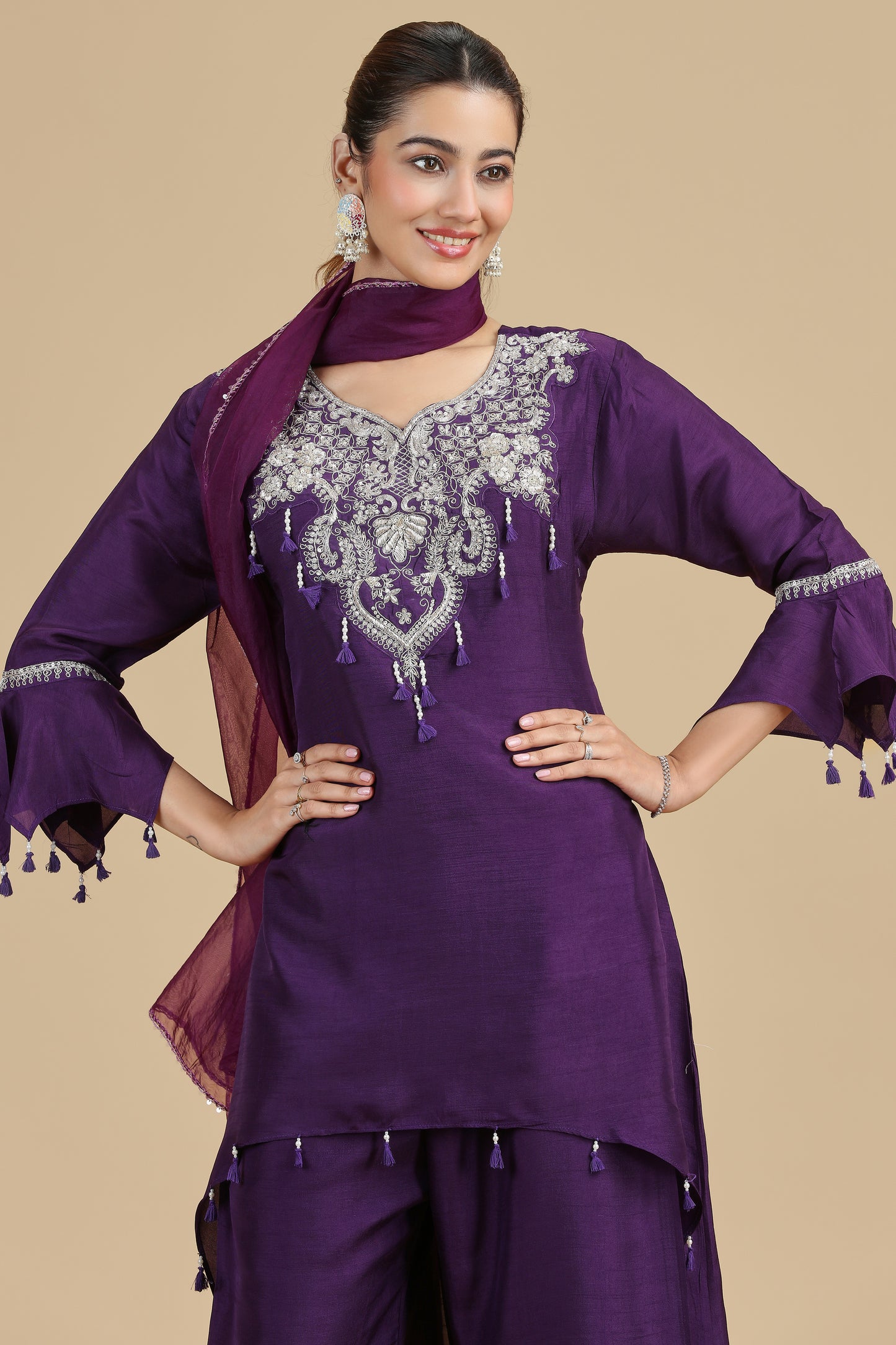 Purple Raw Silk Kurta Set with Sequins & Pearls