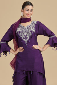 Purple Raw Silk Kurta Set with Sequins & Pearls