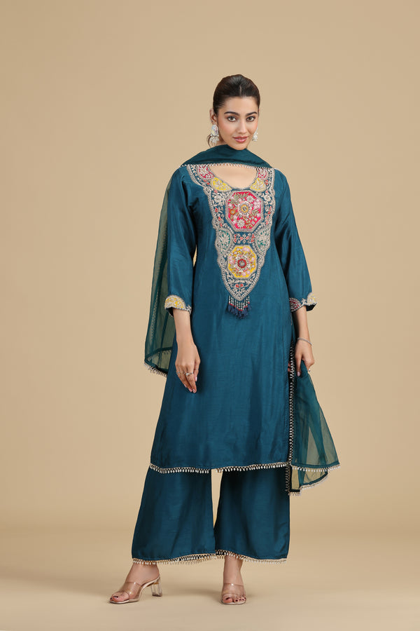 Peacock Blue Raw Silk Kurta Set with Sequins & Pearls