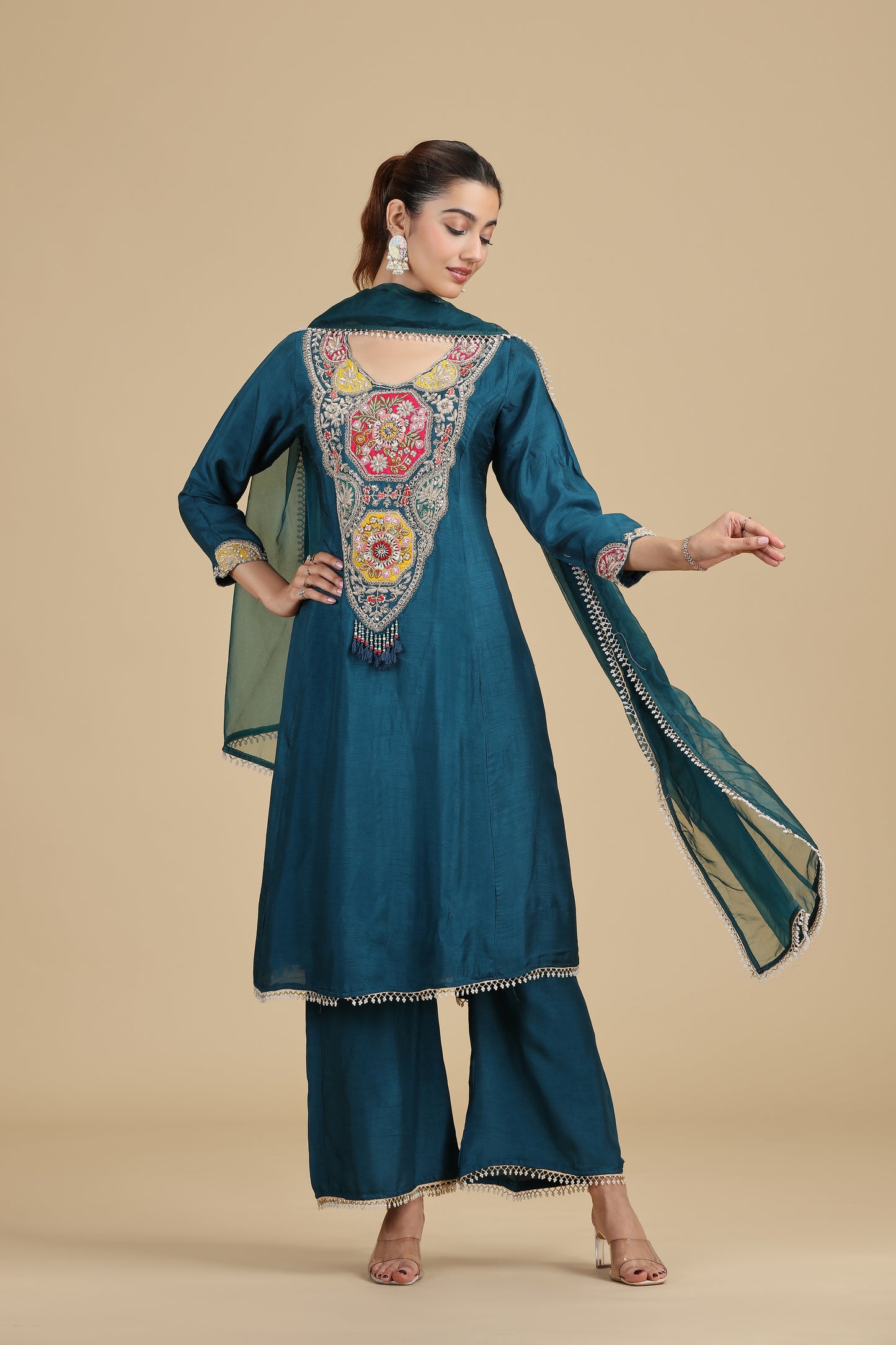 Peacock Blue Raw Silk Kurta Set with Sequins & Pearls