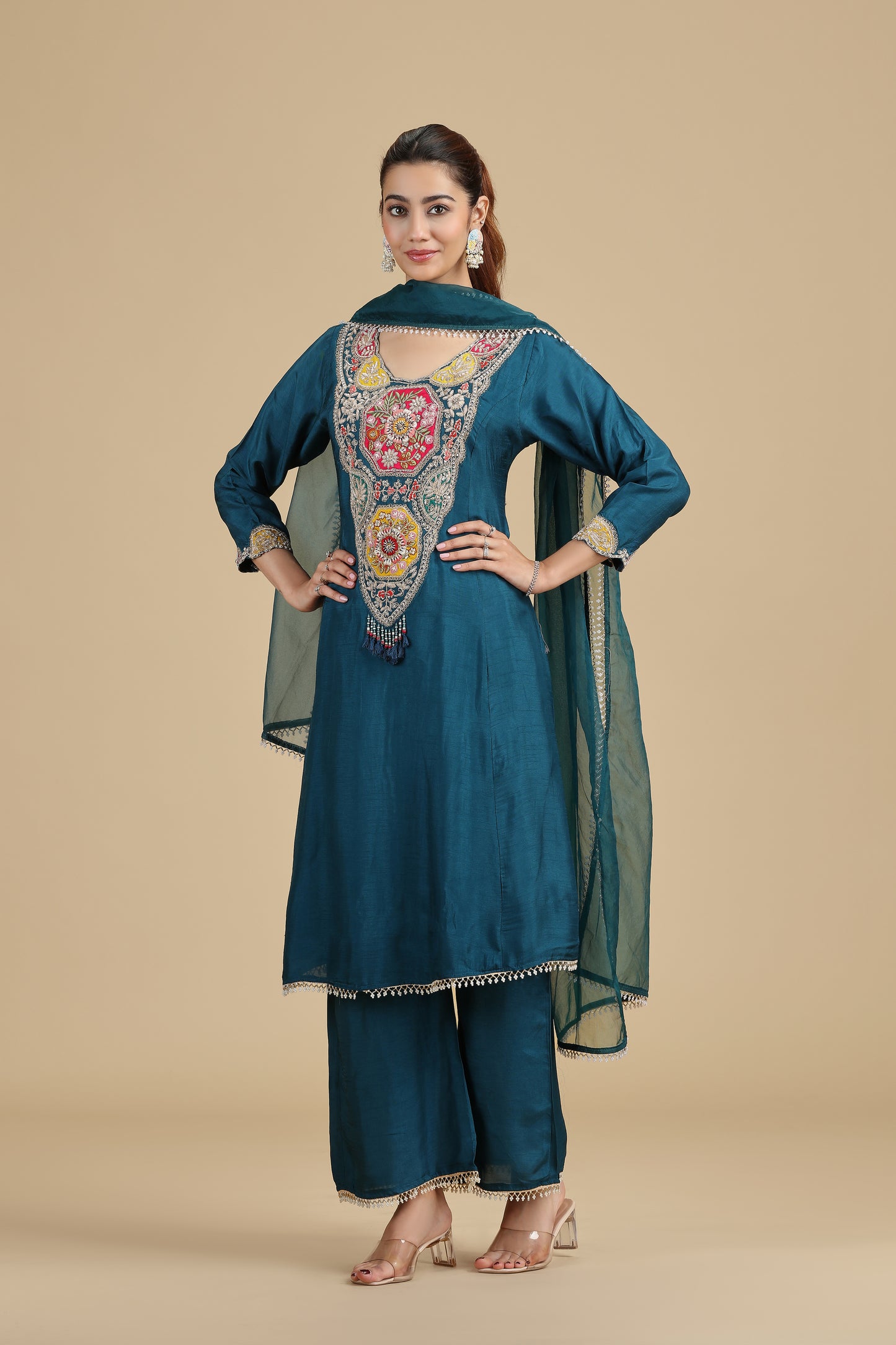 Peacock Blue Raw Silk Kurta Set with Sequins & Pearls