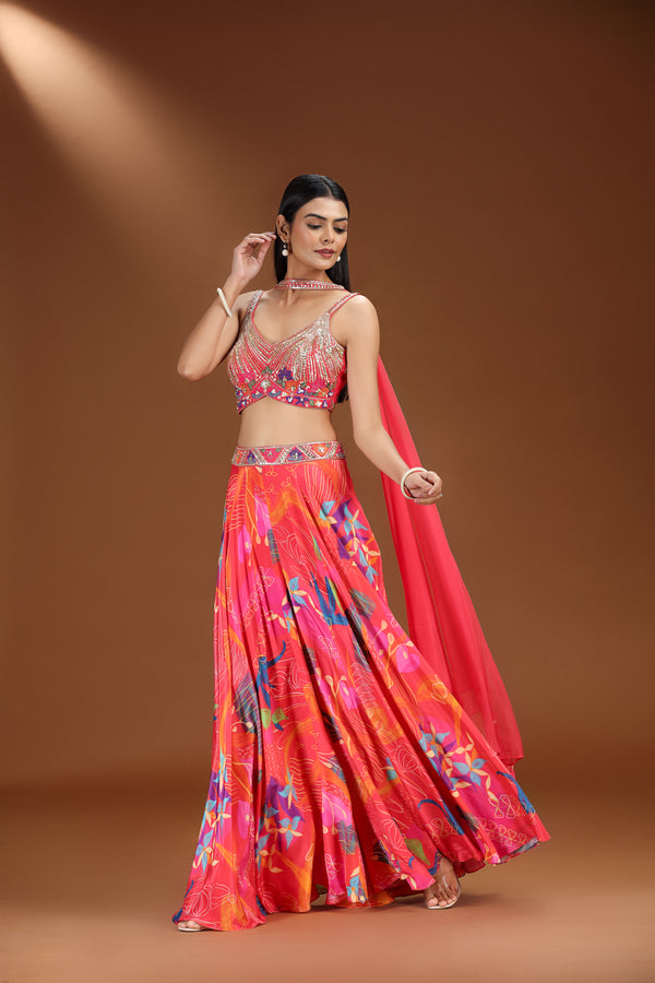 Multicolour Crepe Salwar Suit with Pink Net Dupatta