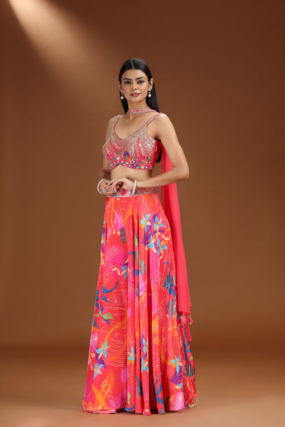 Pink floral lehenga with Pink Net Dupatta