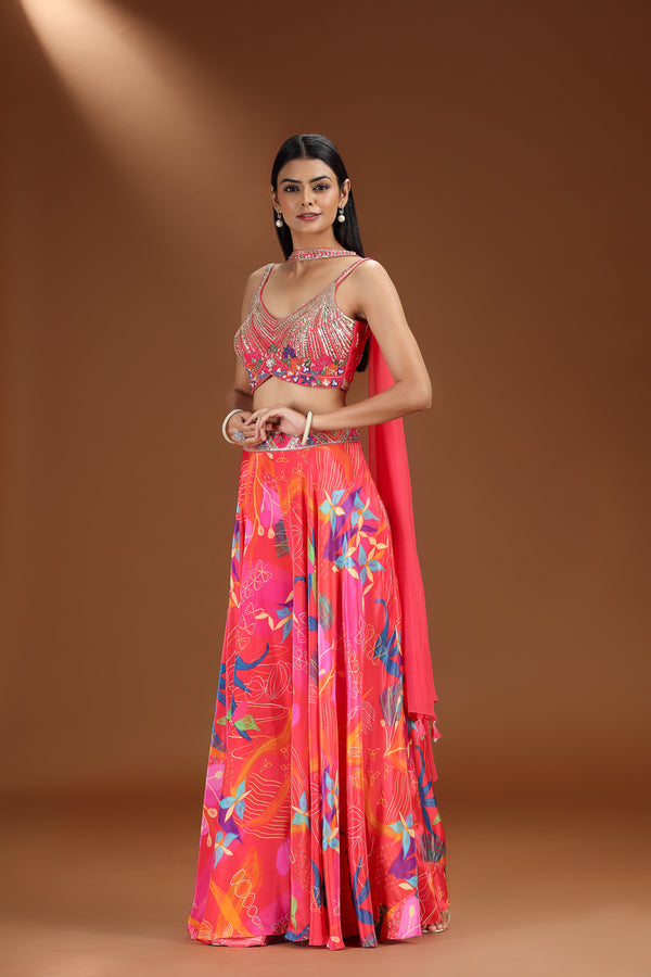 Multicolour Crepe Salwar Suit with Pink Net Dupatta