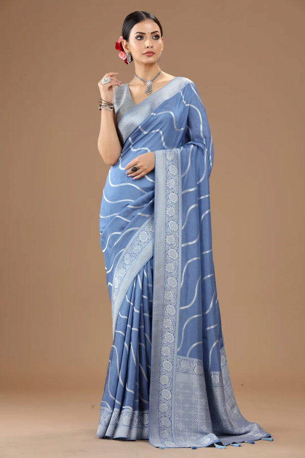 Powder Blue Soft Silk Woven Saree