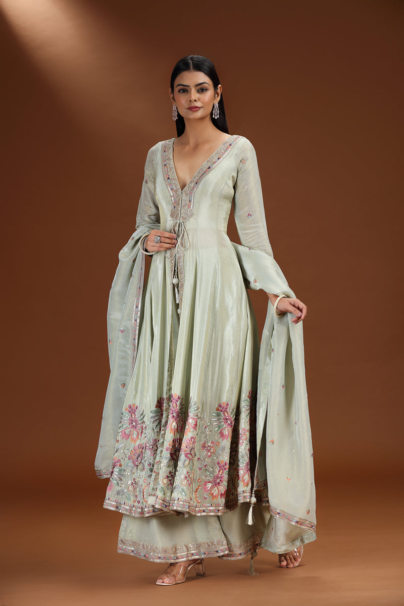 Green Tissue Salwar Suit with Resham and Zari Embroidery