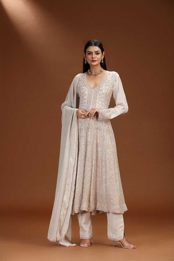 Mauve Chinnon Salwar Suit with Moti and Cutdana Embroidery