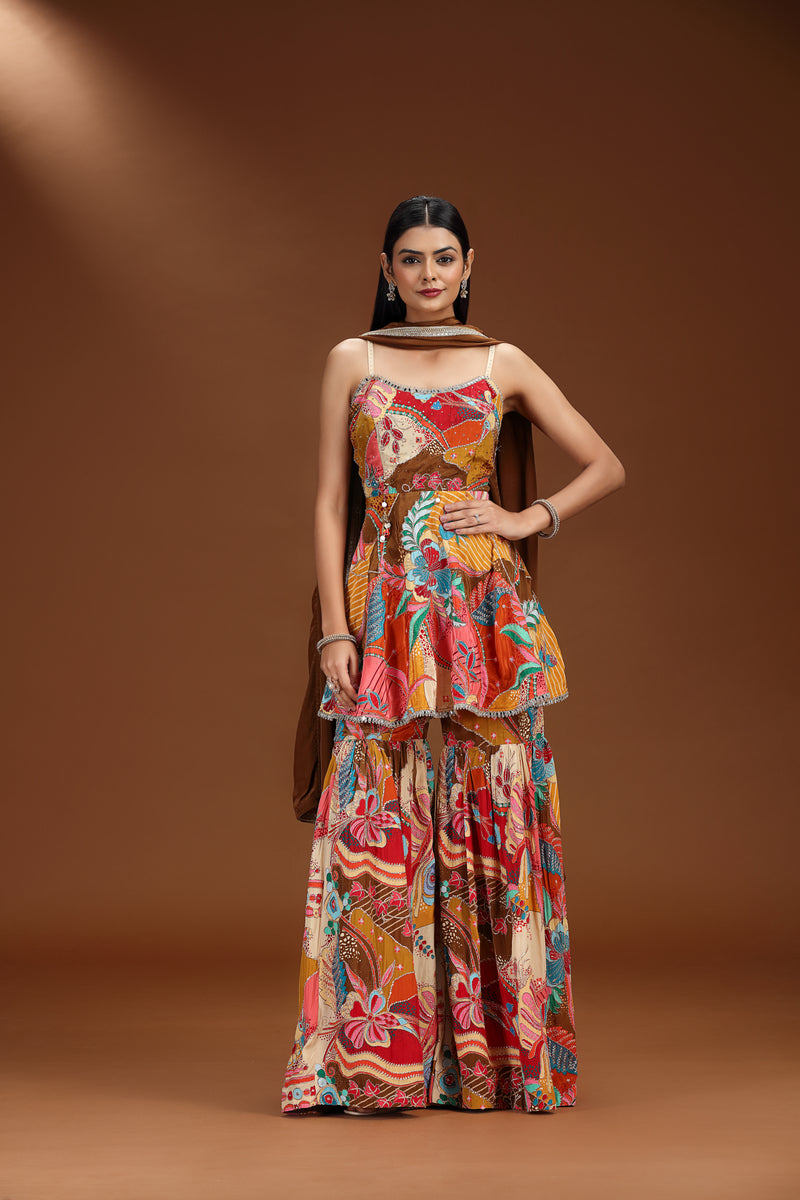 Multicolour Crepe Set with Mirror and Zari Detailing