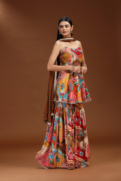 Multicolour Crepe Set with Mirror and Zari Detailing