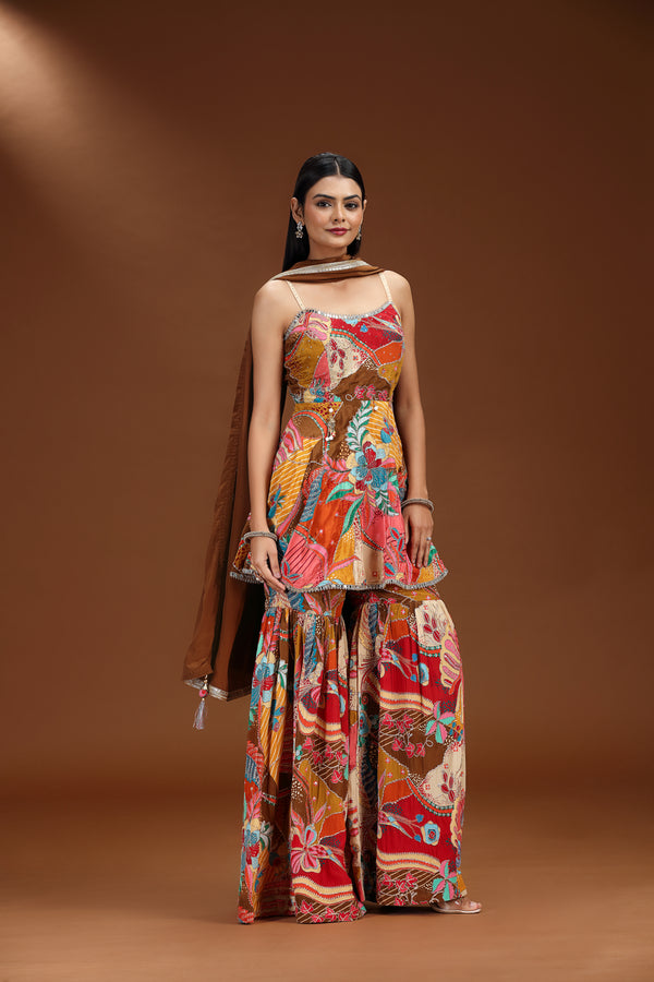 Multicolour Crepe Set with Mirror and Zari Detailing