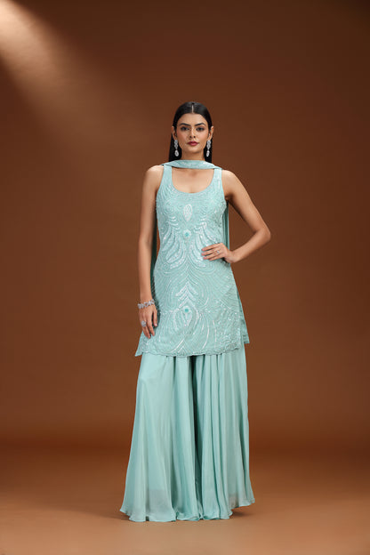 Blue Chinnon Salwar Suit with Sequins and Cutdana Work