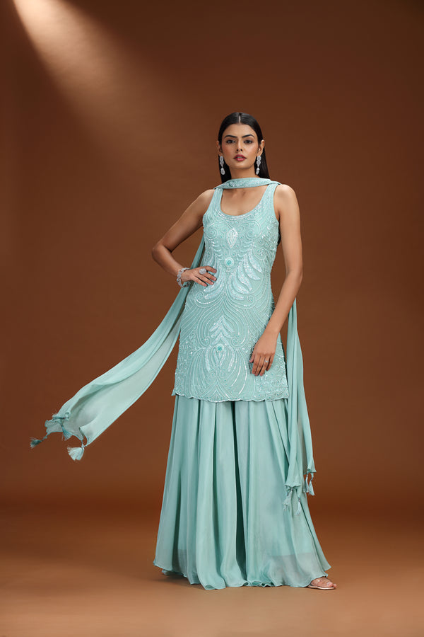 Green Chinnon Salwar Suit with Sequins and Cutdana Work