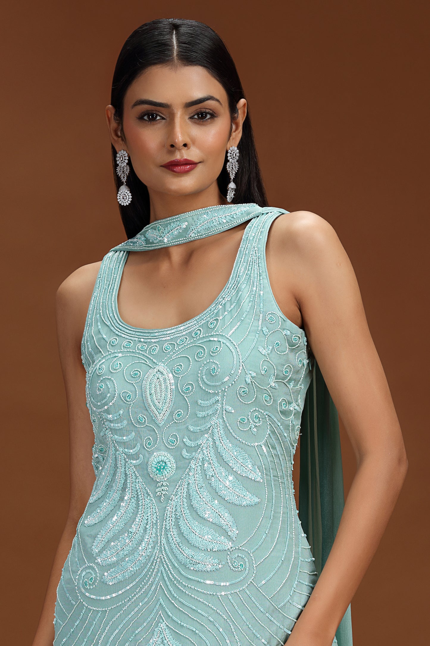 Blue Chinnon Salwar Suit with Sequins and Cutdana Work