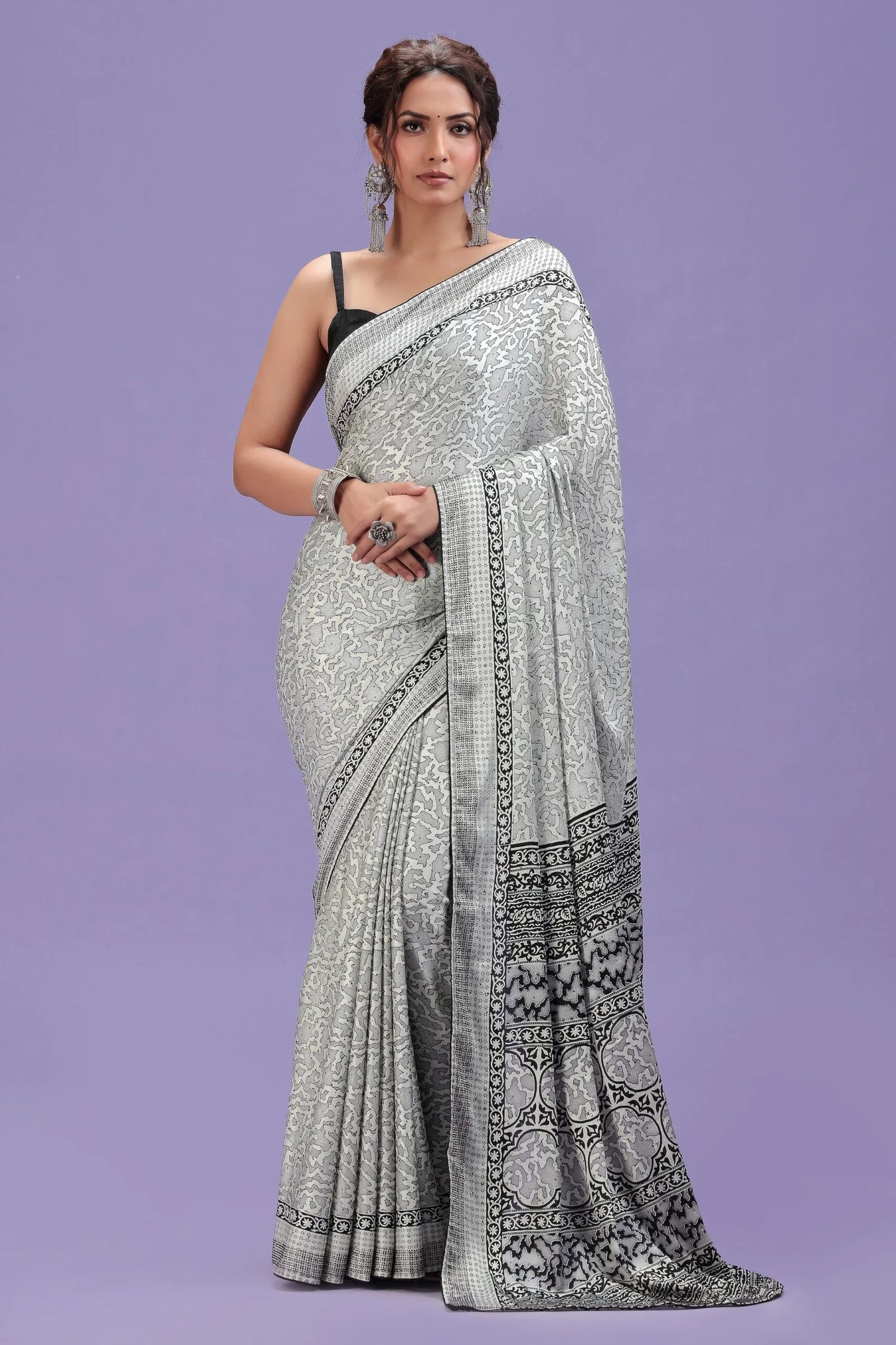 White Abstract Printed Satin Saree with Swarovski & Black Blouse
