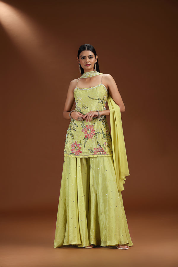 Green Tissue Salwar Suit with Thread Work and Pearl Embellishments