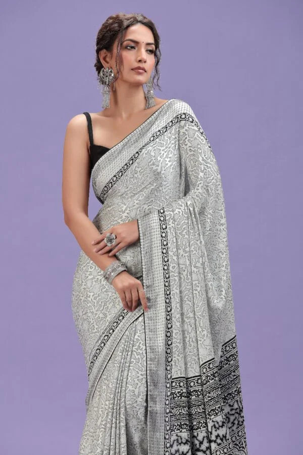 White Abstract Printed Satin Saree with Swarovski & Black Blouse