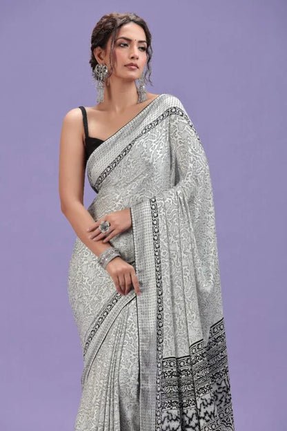 White Abstract Printed Satin Saree with Swarovski & Black Blouse