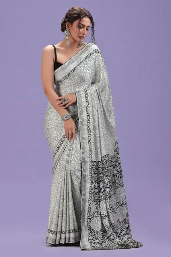 White Abstract Printed Satin Saree with Swarovski & Black Blouse