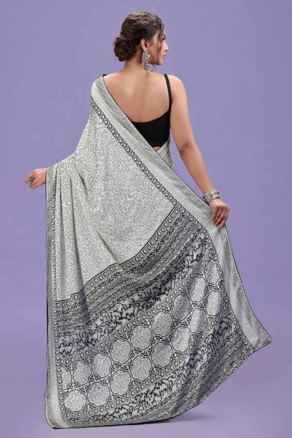 White Abstract Printed Satin Saree with Swarovski & Black Blouse