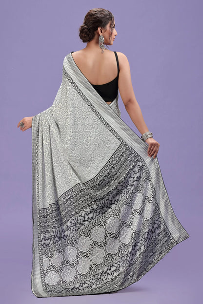 White Abstract Printed Satin Saree with Swarovski & Black Blouse