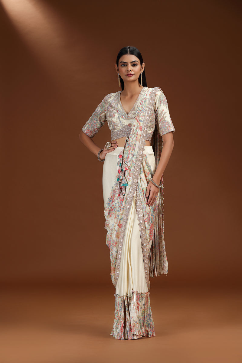 Beige Printed Banarasi Silk Saree with Embellished Blouse