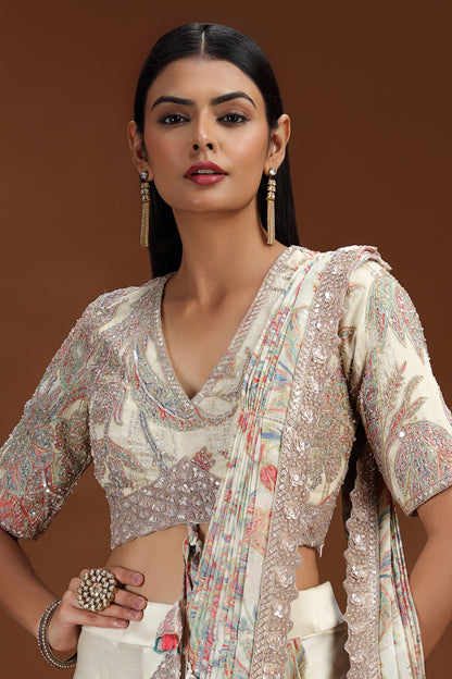 Beige Printed Banarasi Silk Saree with Embellished Blouse