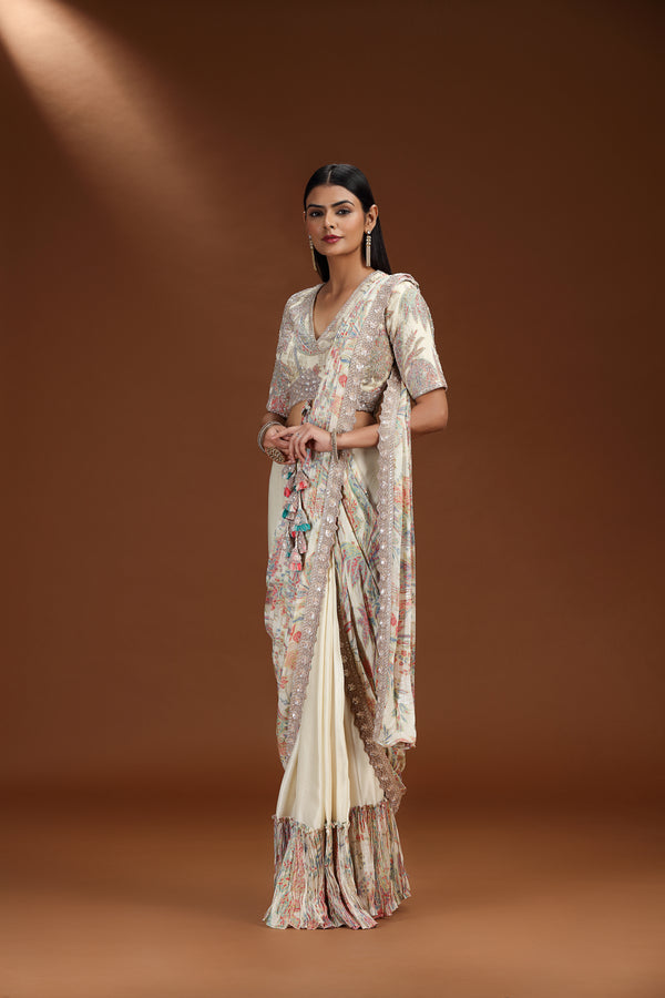 Beige Printed Banarasi Silk Saree with Embellished Blouse