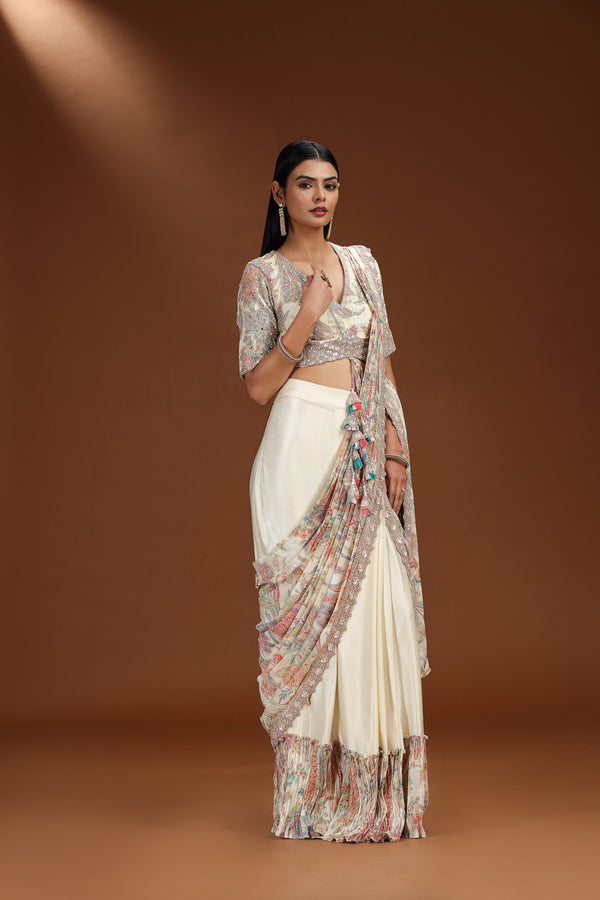 Beige Printed Banarasi Silk Saree with Embellished Blouse