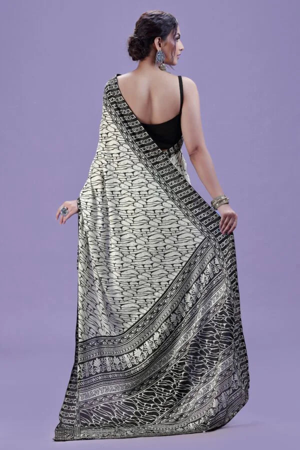 White Printed Satin Silk Saree with Swarovski Detail & Black Unstitched Blouse