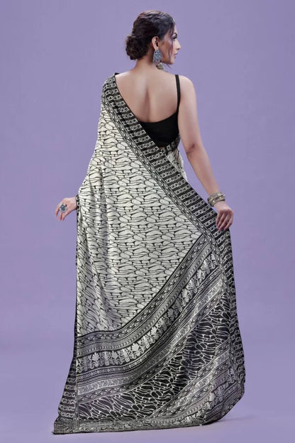 White Printed Satin Silk Saree with Swarovski Detail & Black Unstitched Blouse