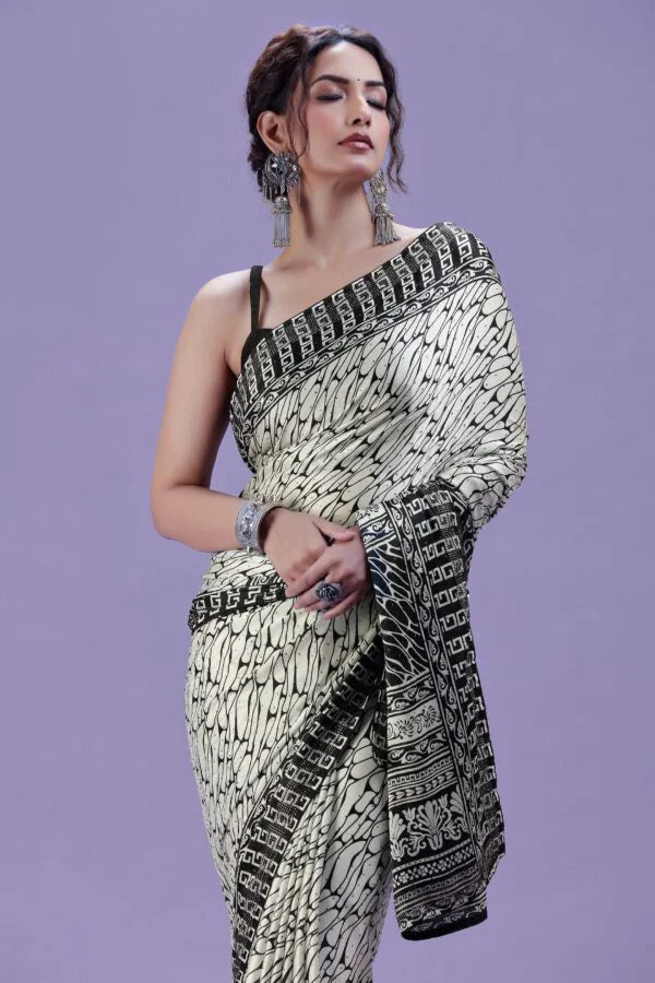 White Printed Satin Silk Saree with Swarovski Detail & Black Unstitched Blouse