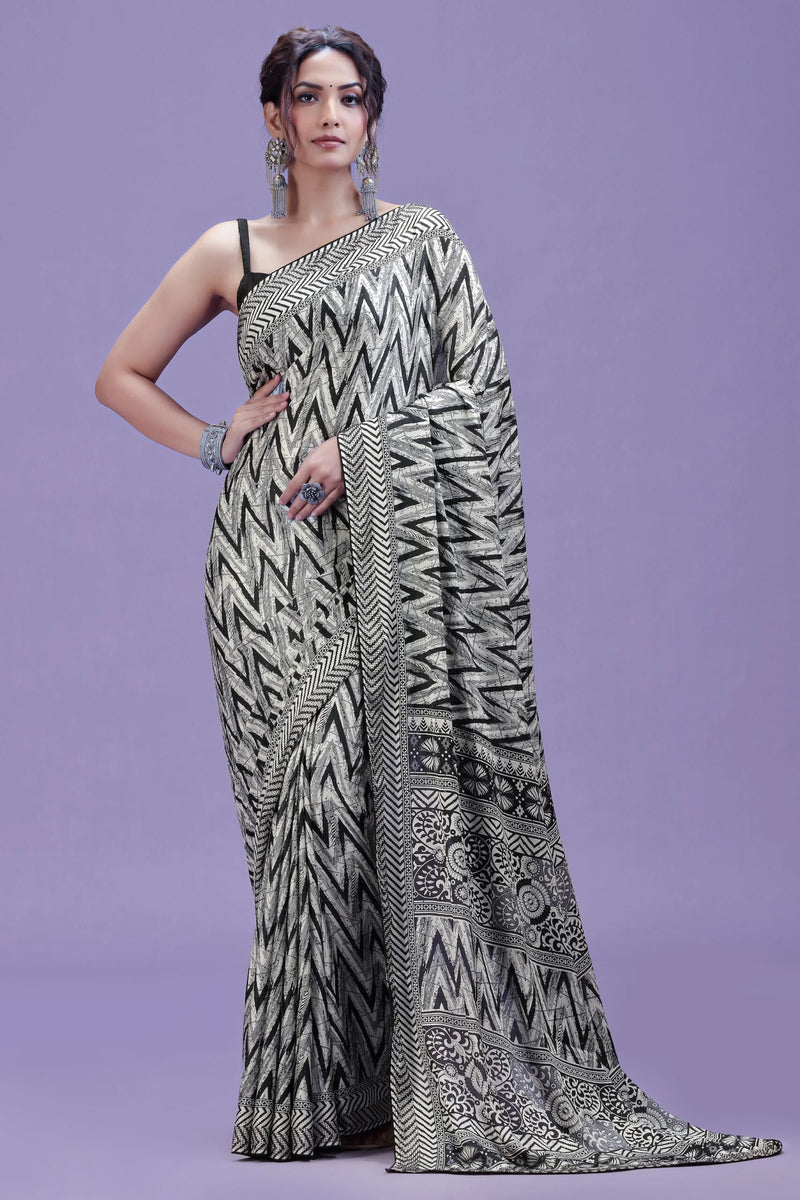 White Printed Satin Silk Saree with Swarovski Detail & Black Unstitched Blouse