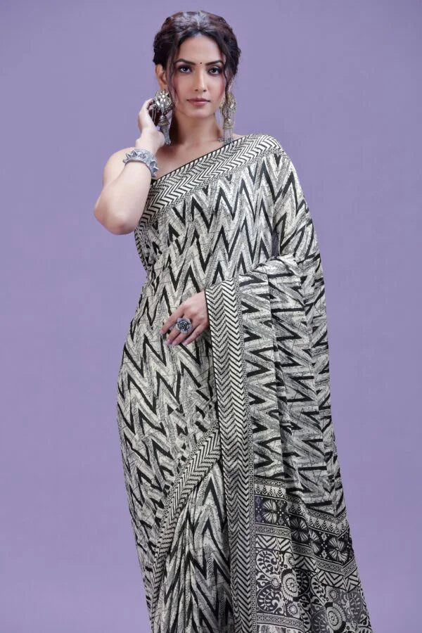 White & Black Artistic Satin Saree with Swarovski Detailing