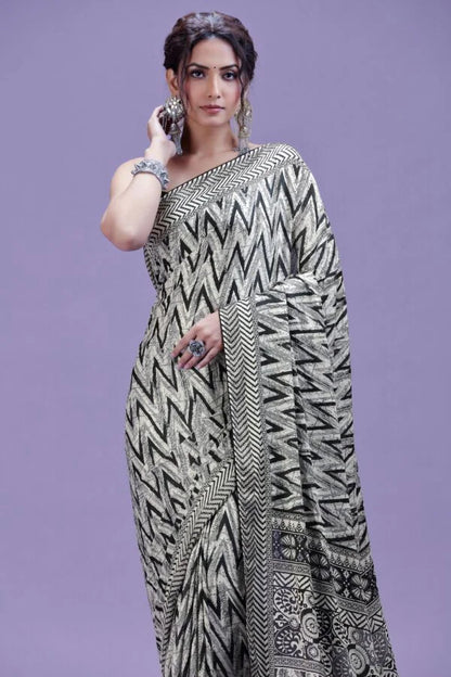 White & Black Artistic Satin Saree with Swarovski Detailing