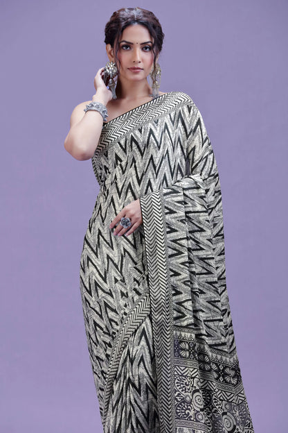 White & Black Artistic Satin Saree with Swarovski Detailing