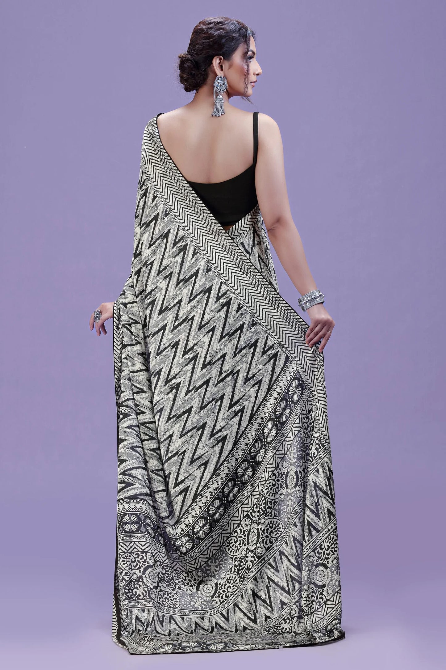 White & Black Artistic Satin Saree with Swarovski Detailing