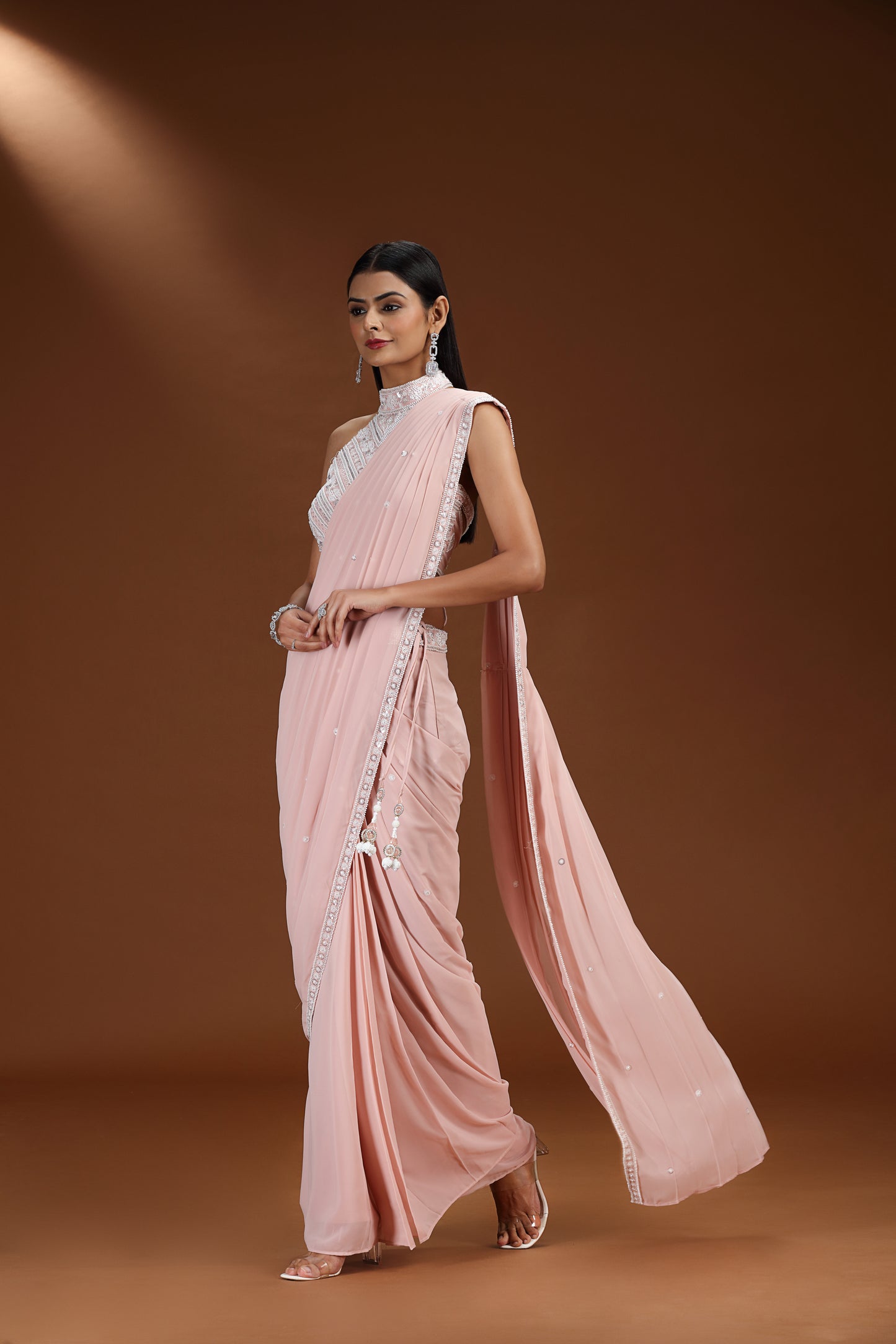 Blush Pink Embellished Pre-Stitched Saree Set