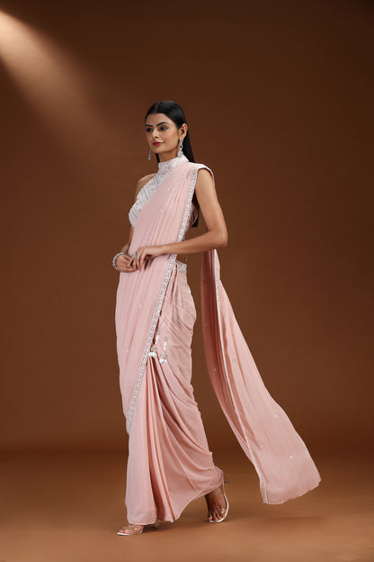 Blush Pink Embellished Pre-Stitched Saree Set